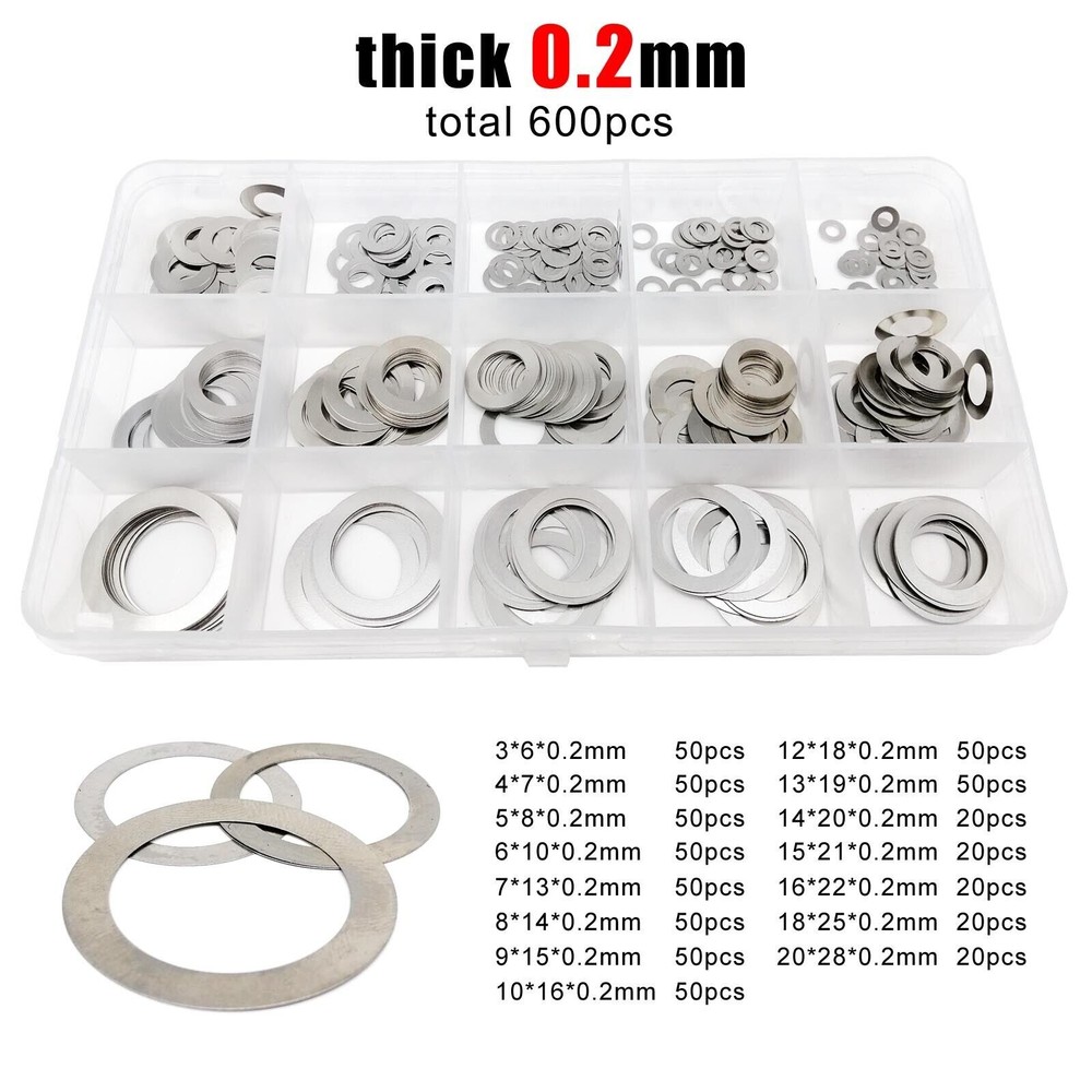 600pcs M3-M20 0.2mm 304SS Ultra Thin Flat Washer Adjusting Shim Plain Gasket Kit