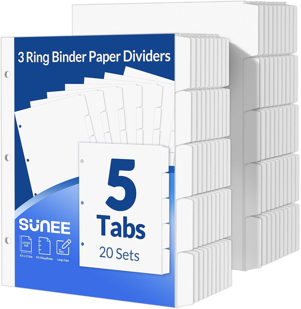 Binder Dividers with Tabs for 3 Ring Binder 8.5 X 11 Paper White Binder Dividers