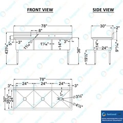 78 in. x 30 in. Stainless Steel Three Compartment Sink with 24 in. x 24 in. x 14