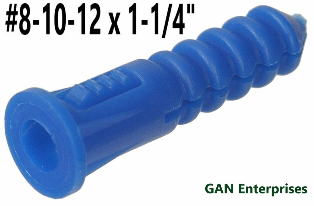 Ribbed Blue Plastic Anchors #8-#10-#12 x 1.25″, With or Without #10 x 1″ Screws