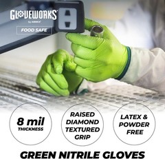 Gloveworks 8 mil Disposable HD Nitrile Gloves, Pack of 100, Medium, Green