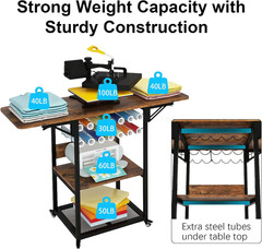3-Tier Rolling Heat Press Table with Vinyl Holder & Folding Shelf for Crafts