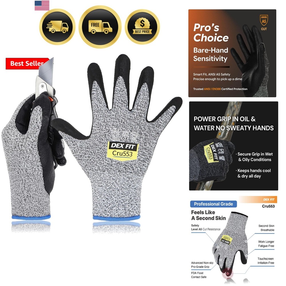 Level 5 Cut Resistant Gloves Cru553, 3D-Comfort Fit, Firm Grip, Thin & Lightw…