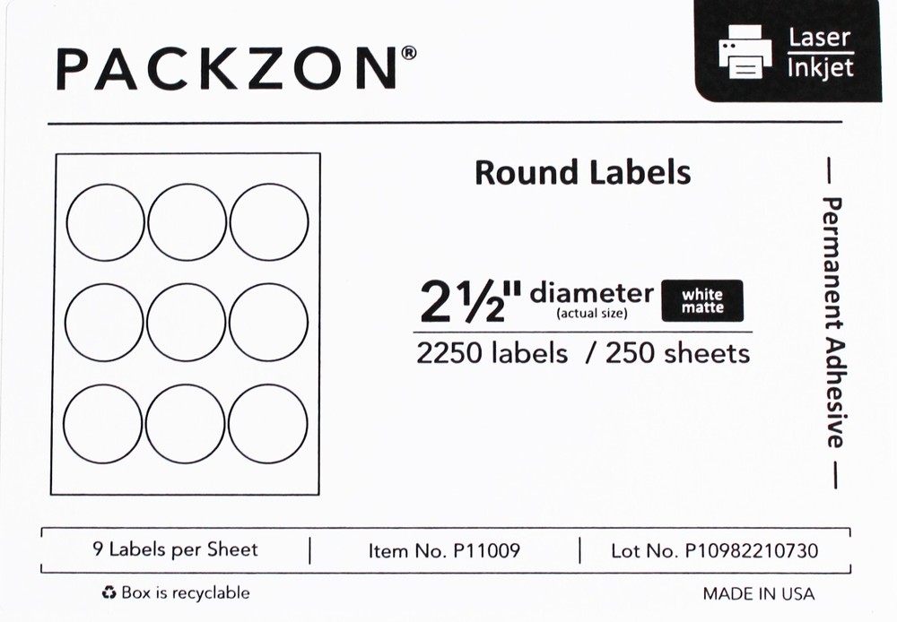 2.5 Inch Round Labels for Laser / Inkjet Printers Permanent Adhesive White Matte