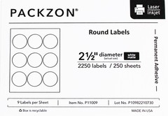 2.5 Inch Round Labels for Laser / Inkjet Printers Permanent Adhesive White Matte