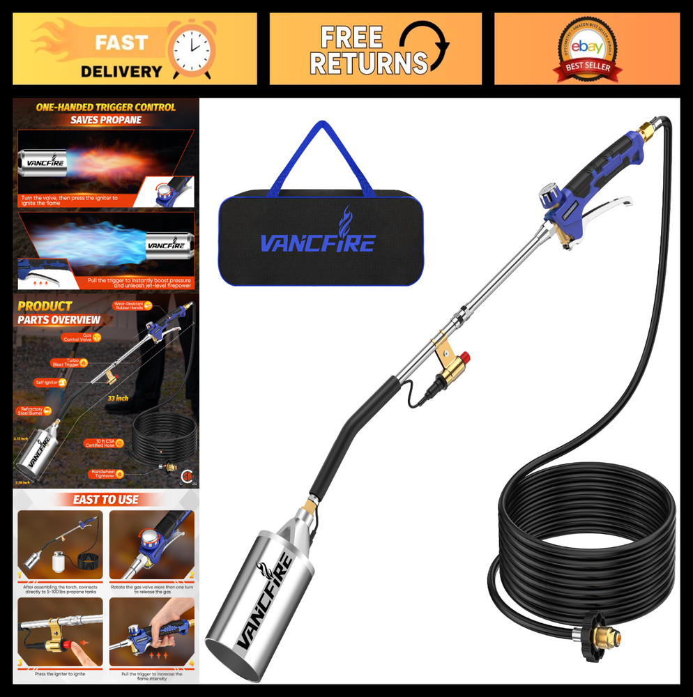 Heavy Duty Propane Torch Weed Burner Kit with 10FT Hose, Igniter & Storage Bag