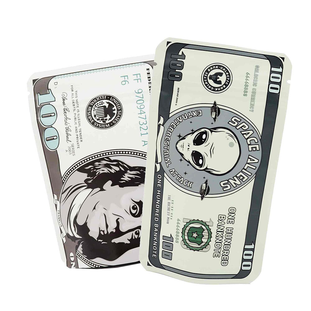 1g Mylar Bags Smell Proof Hundred Bill Design Matte Stand Up Zip Seal Bag