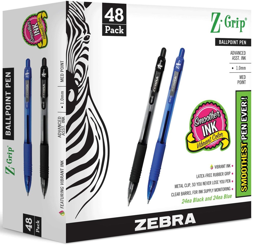 Zebra Pen Z-Grip Retractable Ballpoint 1 Count (Pack of 48), Black and Blue