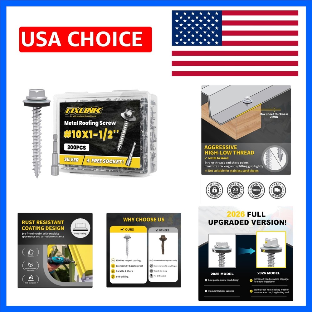 Metal Roofing Screws x 1-1/2″, 300 PCS, RUSPERT Hex Head Rubber Washer Sheet …