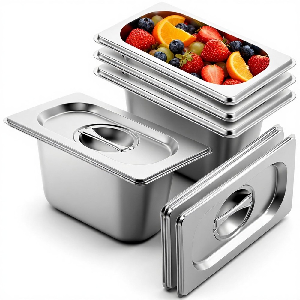 4 Pack 1/9 Size 4 Inch Deep Stainless Steel Hotel Pan With Lid Prep Tray
