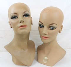 2 Vintage Fiberglass Mannequin Head Wig Painted Eyes Halloween Bust Eyelashes
