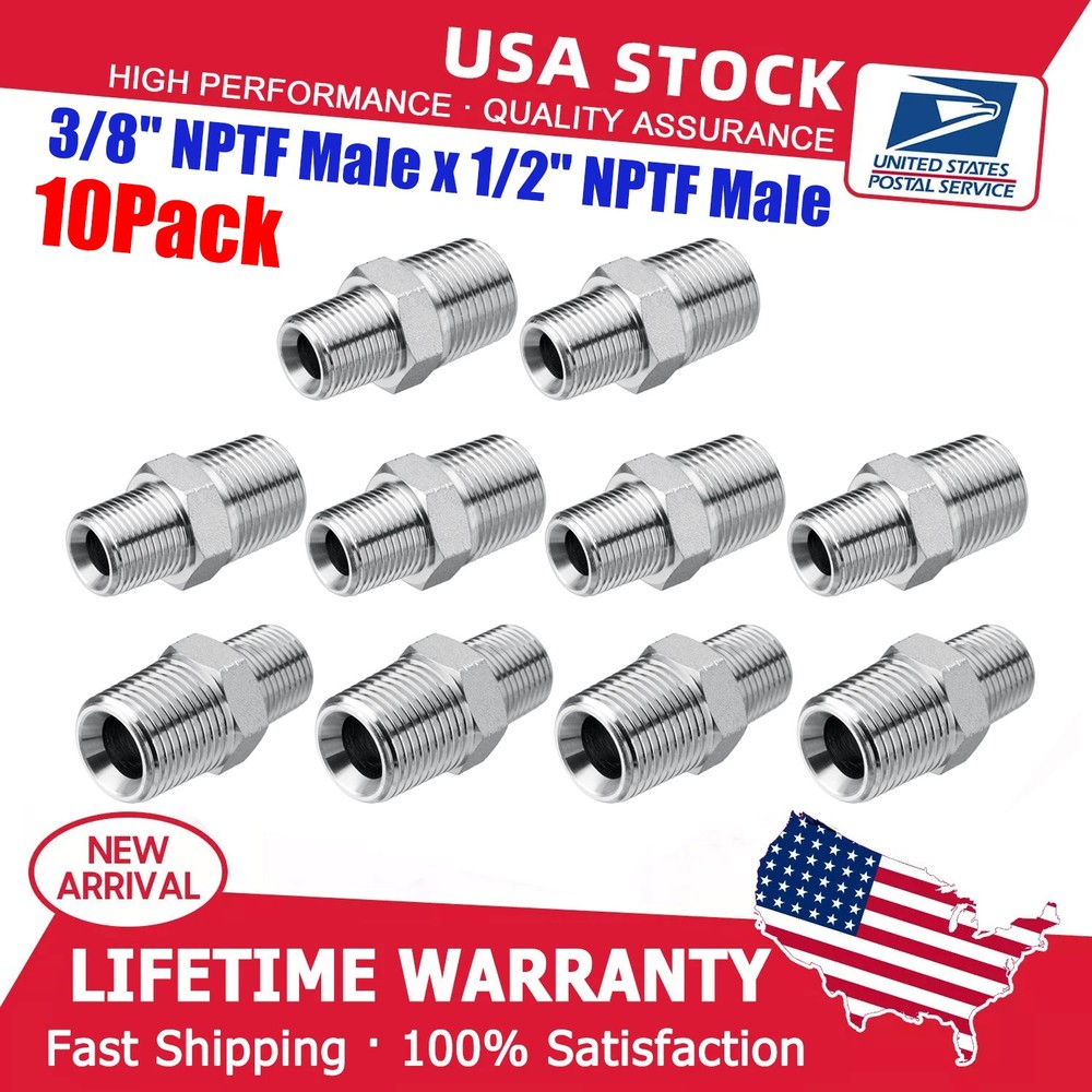 10 Pack 3/8″ NPTF Male x 1/2″ NPTF Male Hydraulic Adapter Fittings with Cover