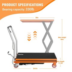Hydraulic Lift Table Cart 330 lbs Manual Double Scissor Lift Table 50″ w/ Wheels