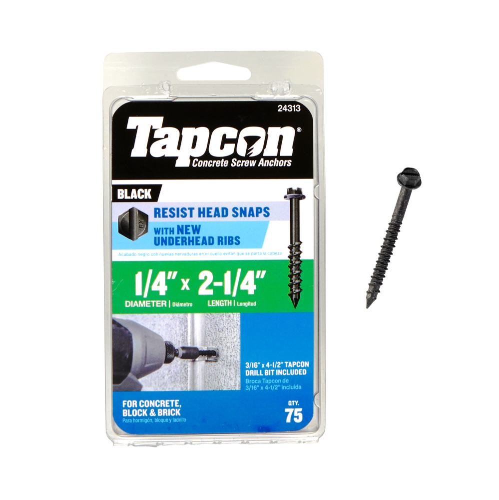 Tapcon 1/4 x 2-1/4 Inch Black Hex Head Concrete Anchors,75 PCS, Corrosion