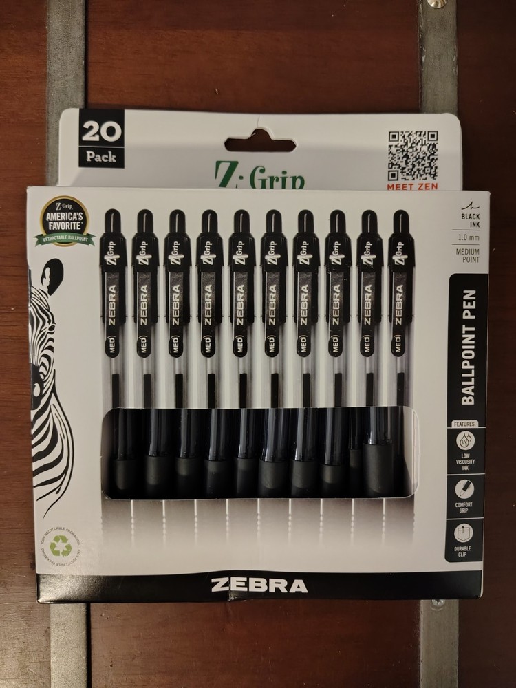 Zebra Z-Grip Retractable Ballpoint Pen, 1.0mm, Medium Point, Black Ink, 20 Pack