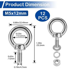 12 Pack M5 Stainless Eye Bolts with Nuts Washers, 0.45″(12mm) Thread Length