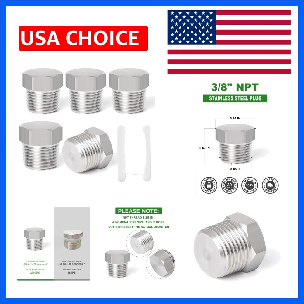 5PCS Stainless Steel Outer Hex Thread Socket Pipe Plug Fitting 3/8″ NPT Male