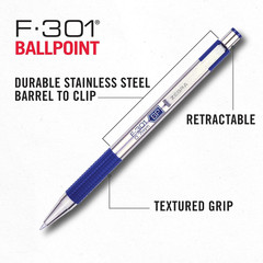 Zebra Pen F-301 Ballpoint Blue Ink Fine Point 0.7Mm Pen, Easy-Glide Ink, Stainle