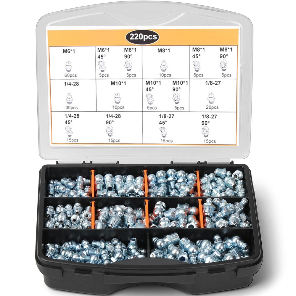 220 Pack Metric & SAE Hydraulic Lubrication Grease Zerk Fittings Assortment Set