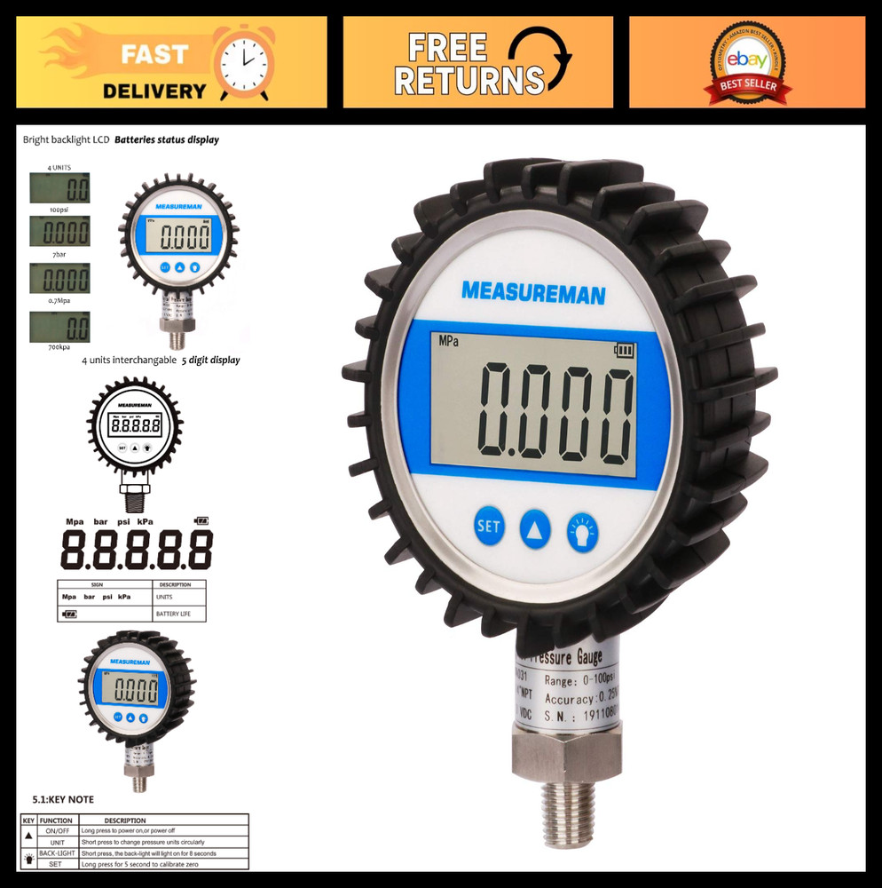 Digital Pressure Gauge 3-1/8″ Dial, 0-100 PSI Bar Mpa Kpa, 1/4″ NPT, 0.25% Accur