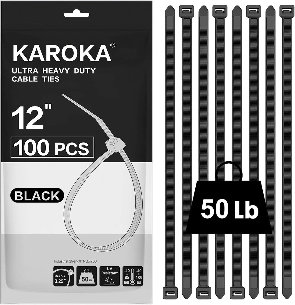 Zip Ties 12 Inch , Black, 50 Lb, UV Resistant Cable Ties for Indoor and Outdoor