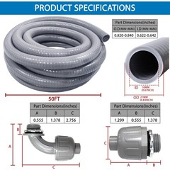 Liquid-Tight 1/2″ Flexible Conduit Kit, 50ft with 8 Connectors, UL Certified