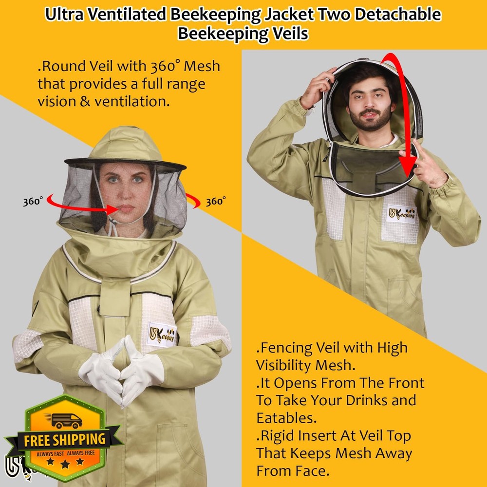 USKEEPERS Beekeeping Suit XL Polycotton Gloves Veils Apiarist Olive 4XL