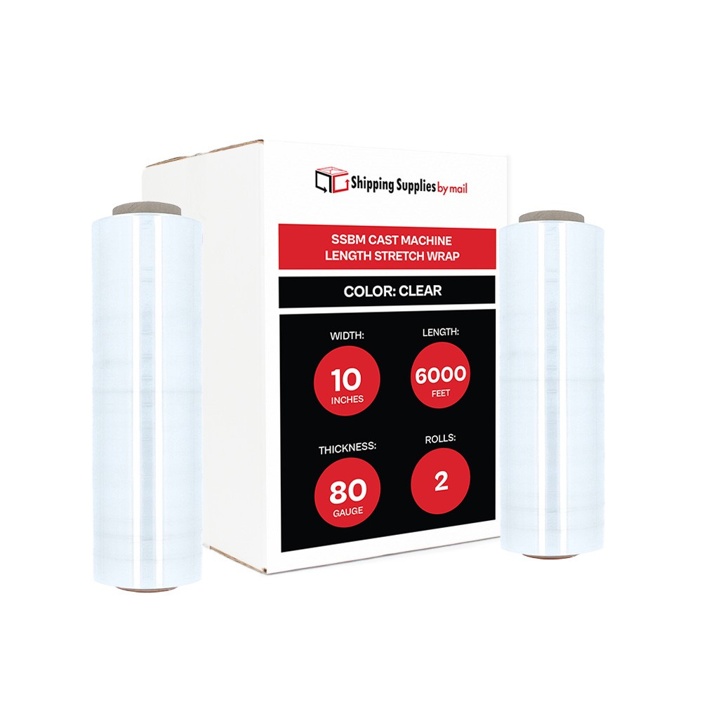 Machine Pallet Stretch Wrap Plastic Shrink Film Clear 10″x6000′ 80 Gauge 2 Rolls