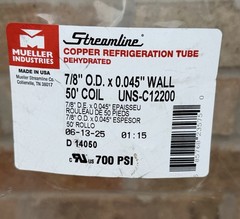 Mueller 50’L x 7/8″OD x 0.045″ Wall 700PSI Copper Refrigeration Tube