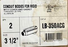 3-1/2″ Type LB Conduit Body w cover & gasket Aluminum Threaded UL Listed