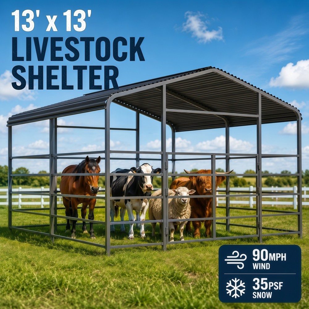 13x13FT Metal Livestock Shelter Heavy Duty Steel Barn for Horse&Cattle Free Ship