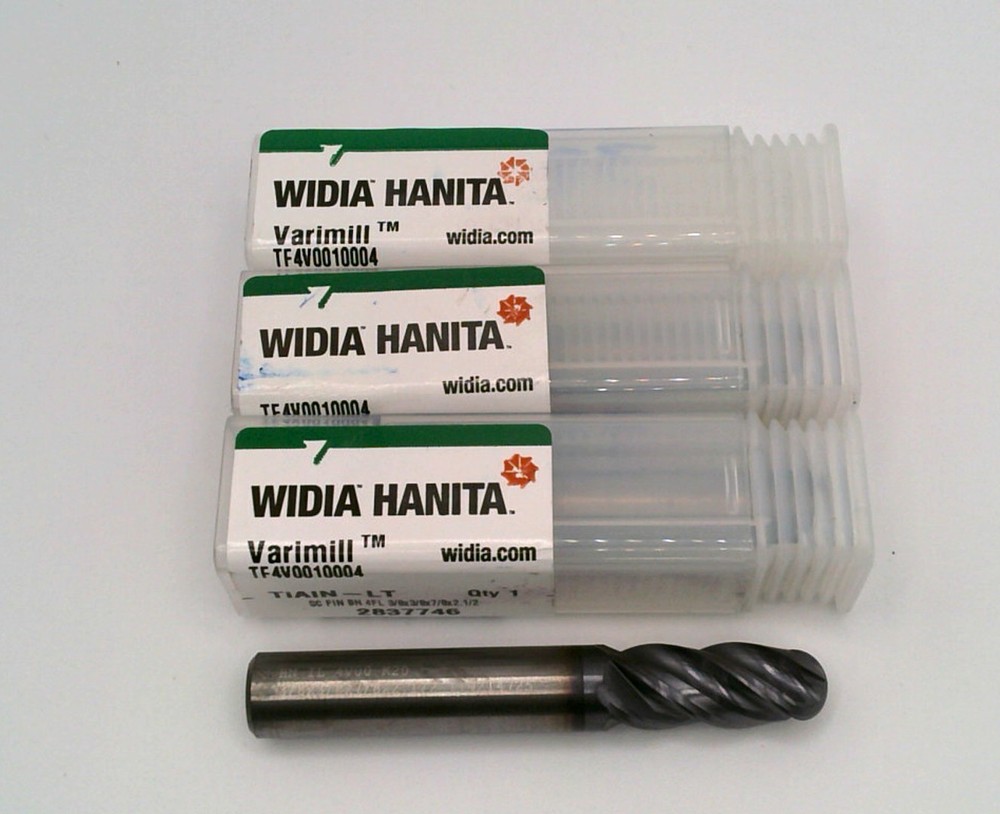 (3 pcs) New Widia Hanita TF4V0010004 3/8″ 4FL Ball Nose Varimill TiAlN