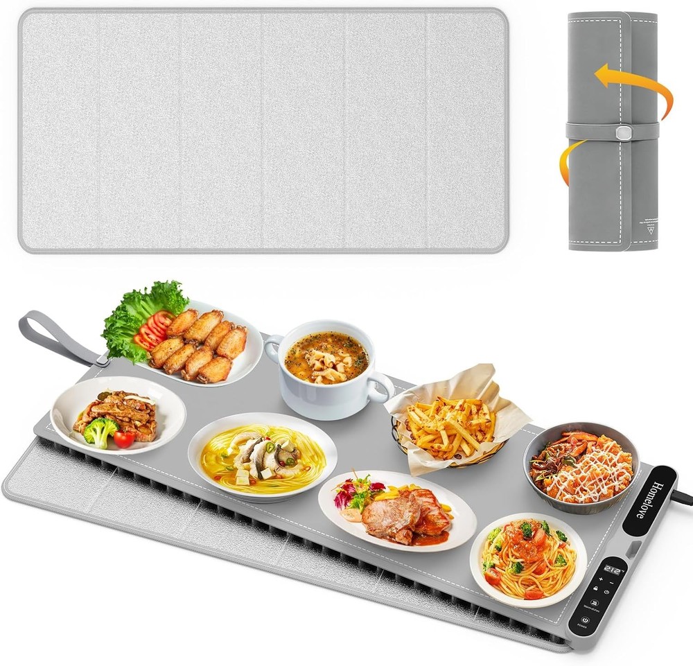 Electric Warming Mat for Food – 7 Temps, 8H Timer, XXL Grey | Roll up Silicone,