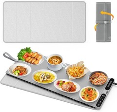 Electric Warming Mat for Food – 7 Temps, 8H Timer, XXL Grey | Roll up Silicone,