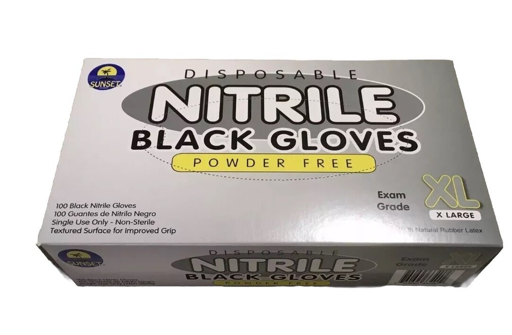 SUNSET DISPOSABLE NITRILE BLACK GLOVES BOX OF 100 EXAM GRADE POWDER FREE XL