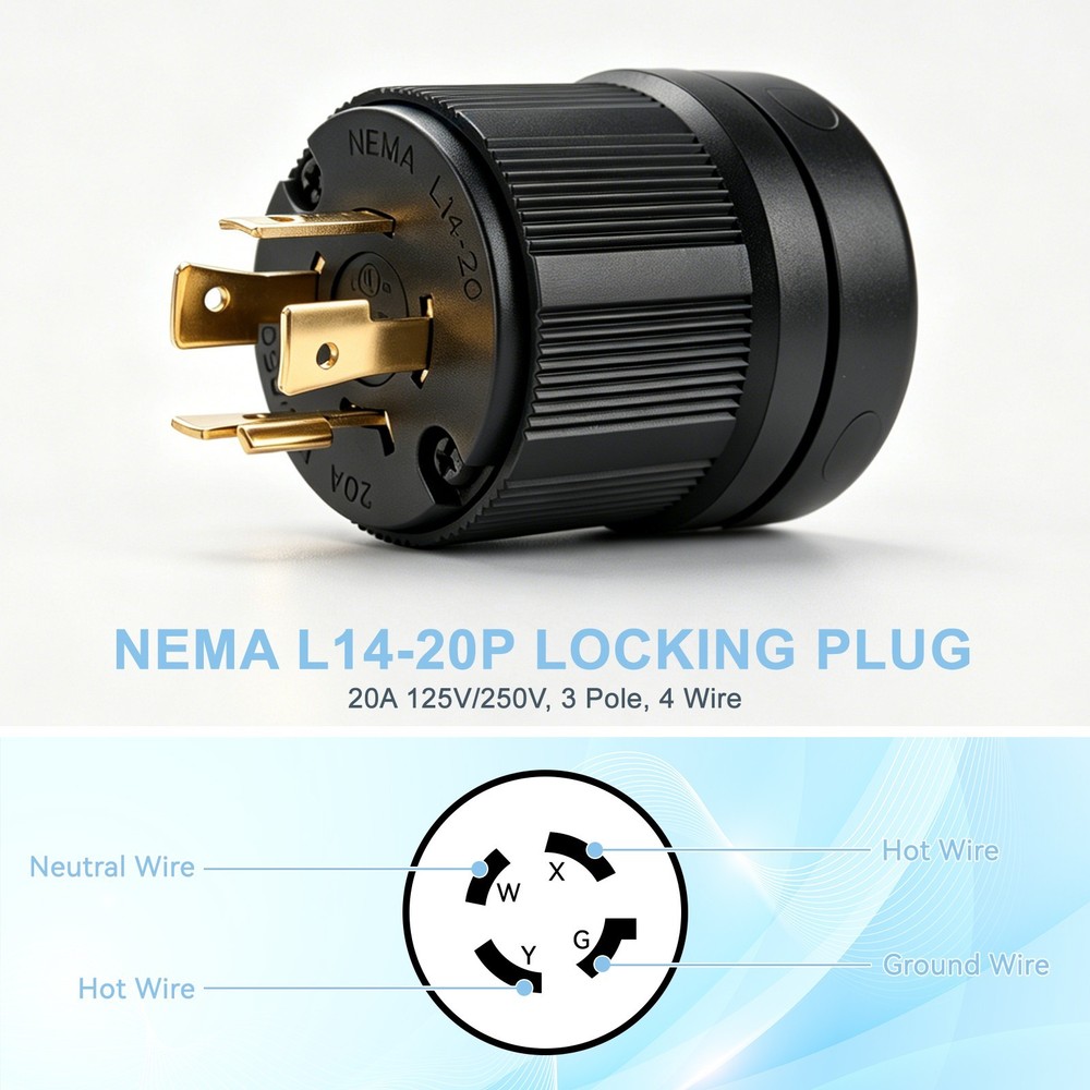 L14-20P Twist Lock Male Plug – 20 Amp 125/250V NEMA Generator Connector –Black