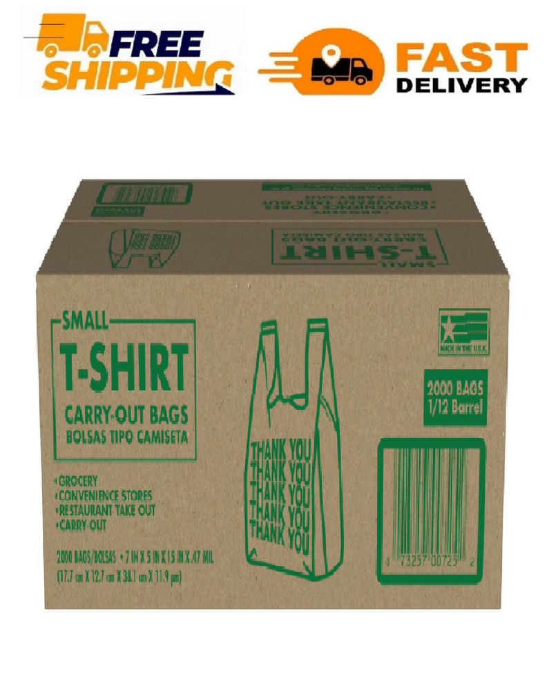 Small T-Shirt Carry-Out Bags, 7″ x 5″ x 15″ (2000 ct.)