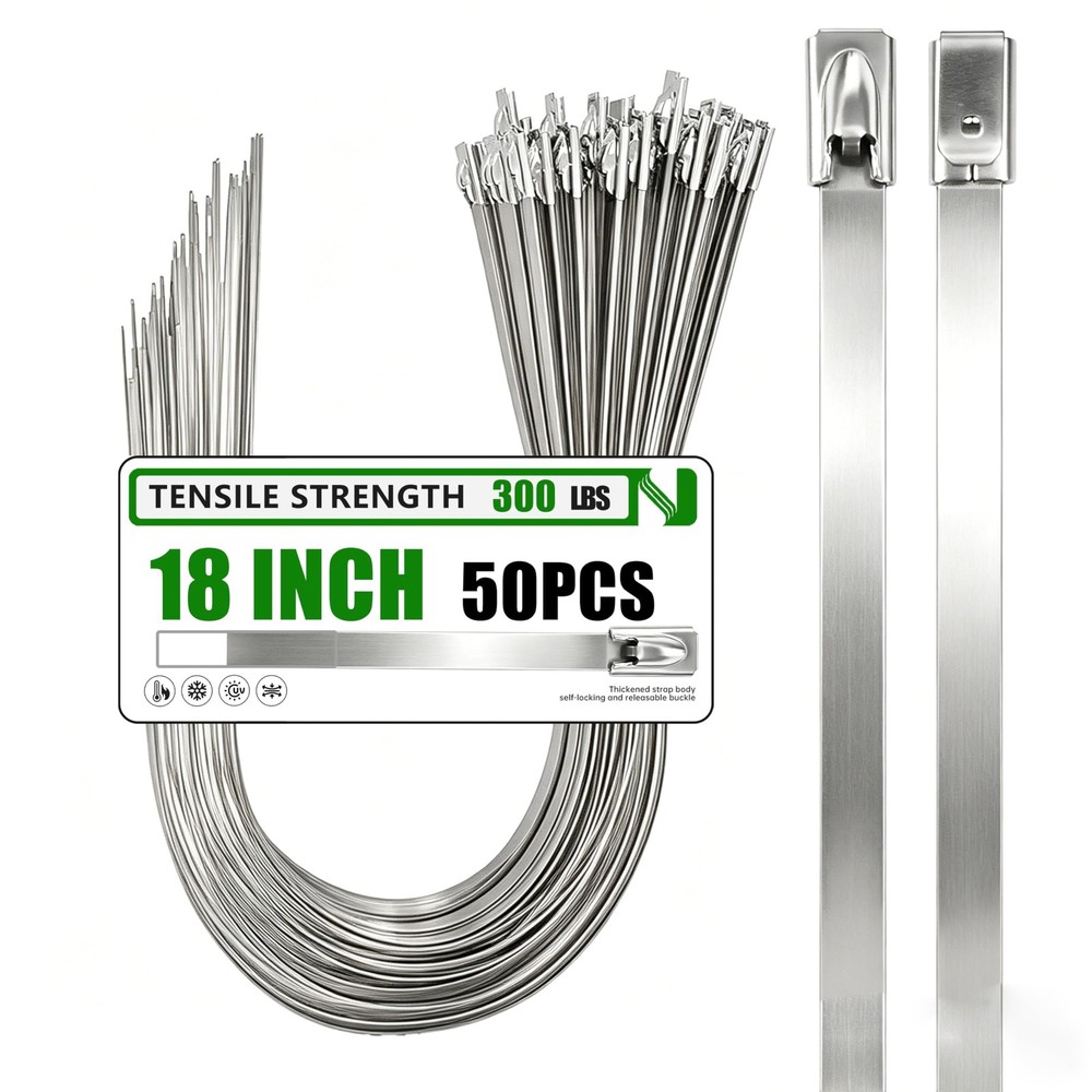 MasiStran Metal Zip Ties 50 Pack 18 Inch, 304 Stainless Steel 300LBS Heavy Du…