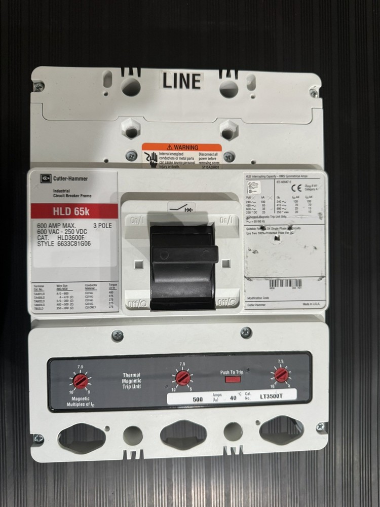 Cutler-Hammer HLD 65K 600A 3-Pole Circuit Breaker 600VAC Thermal Magnetic used