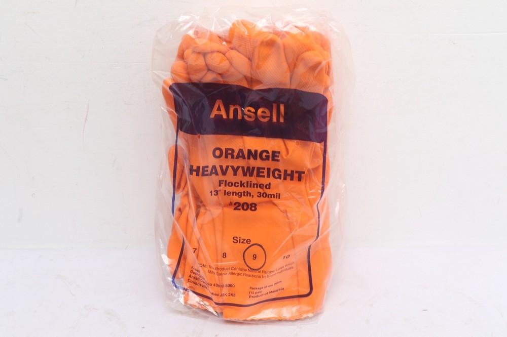 12 pairs of Ansell Orange Heavyweight Flocked 13 ” Gloves #208 Size 9