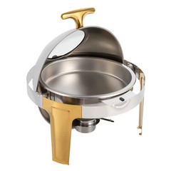 Roll Top Chafing Dish Buffet Set Gold Accent 6.3 Quart Round Stainless Steel