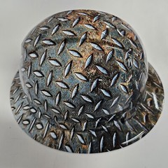 full brim hard hat custom hydro dipped IN REALISTIC DIAMOND PLATE STEEL RUSTY