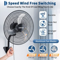 Garvee 20″ Industrial Wall Fan 3 Speed Oscillating 4800 CFM 90° Tilt Heavy Duty