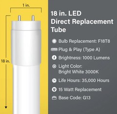 Feit Electric 18” T8 G13 3000K 15W Bright White Replacement Bulb(9 Pack) S3