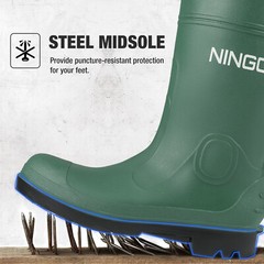 NINGO Men Steel Toe PVC Rain Boots Waterproof Cushioning Safety Work Boots Farm