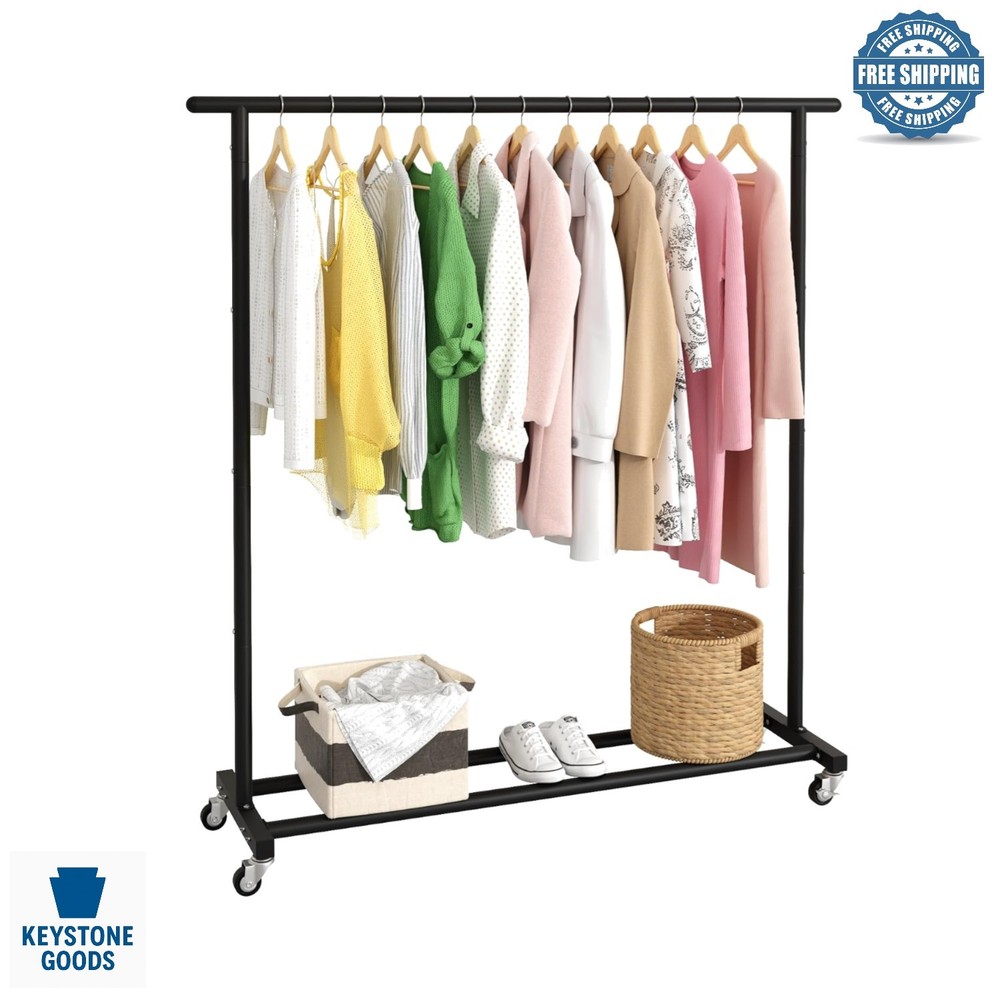 Adjustable Black Metal Rolling Garment Rack – Space-Saving, Portable, Heavy-Duty