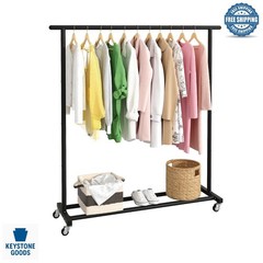 Adjustable Black Metal Rolling Garment Rack – Space-Saving, Portable, Heavy-Duty