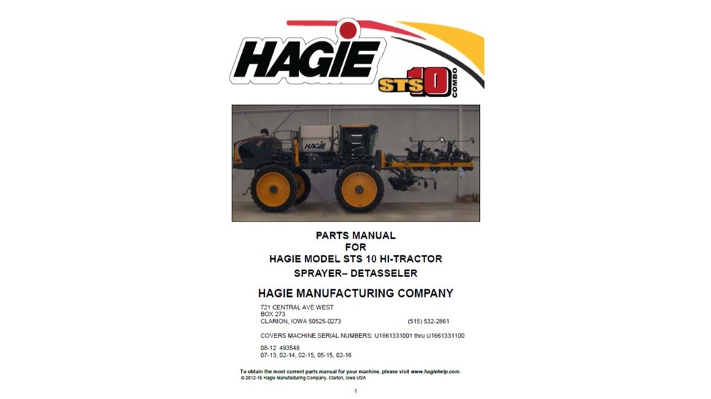 Hagie STS10 Sprayer see S/N in description Spare Parts List Manual PDF USB 1