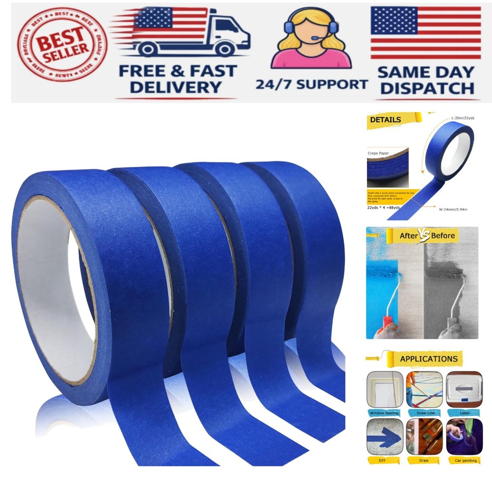 4 Rolls Navy Blue Painters Tape – No Residue, Easy Remove, Multi-Purpose 88yd