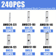 Non Insulated Butt Connectors Kit 240pcs Butt Connectors for Wiring Pure Copper